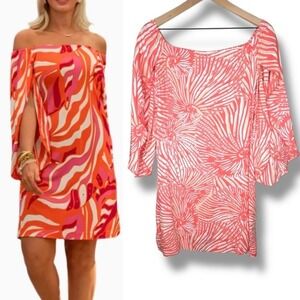 La Mer Luxe Coral White 3/4 Sleeve Off The Shoulder Resort Preppy Mini Dress Xs